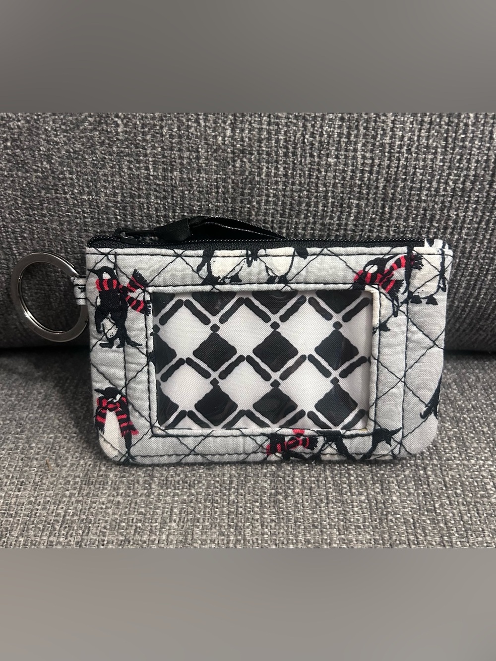Vera Bradley Quilted ID Card Holder Keychain - Black, Red & Gray- Penguin Print
